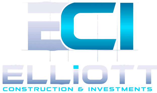 Logo of Elliott Construction & Investments, featuring large blue and white letters "ECI" above the full company name. The background has a brick wall pattern.